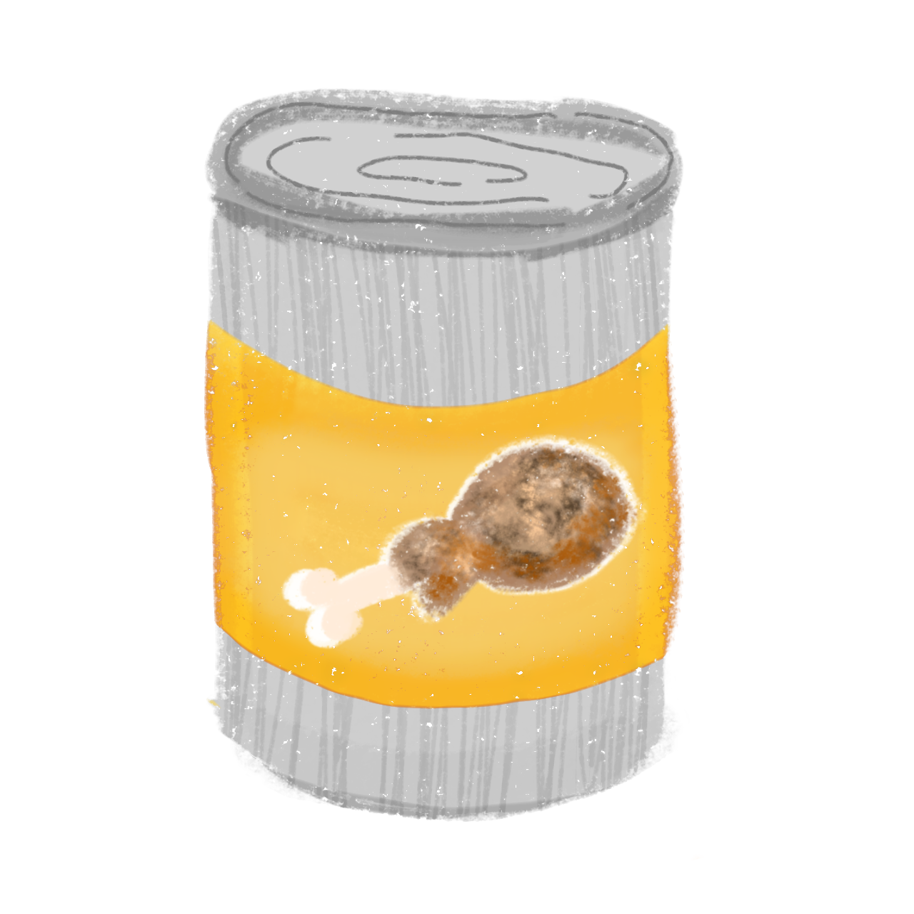 a can of chicken noodle soup. The can is grey with a yellow band featuring a brown chicken drumstick.